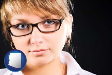 a young woman wearing eyeglasses - with Arizona icon