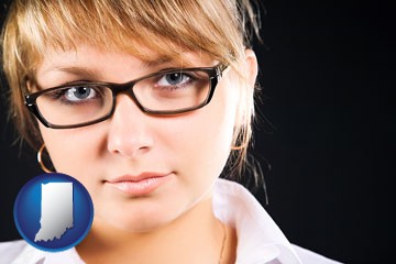 a young woman wearing eyeglasses - with Indiana icon