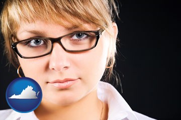 a young woman wearing eyeglasses - with Virginia icon