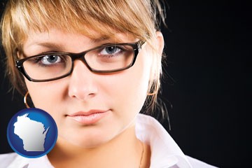 a young woman wearing eyeglasses - with Wisconsin icon